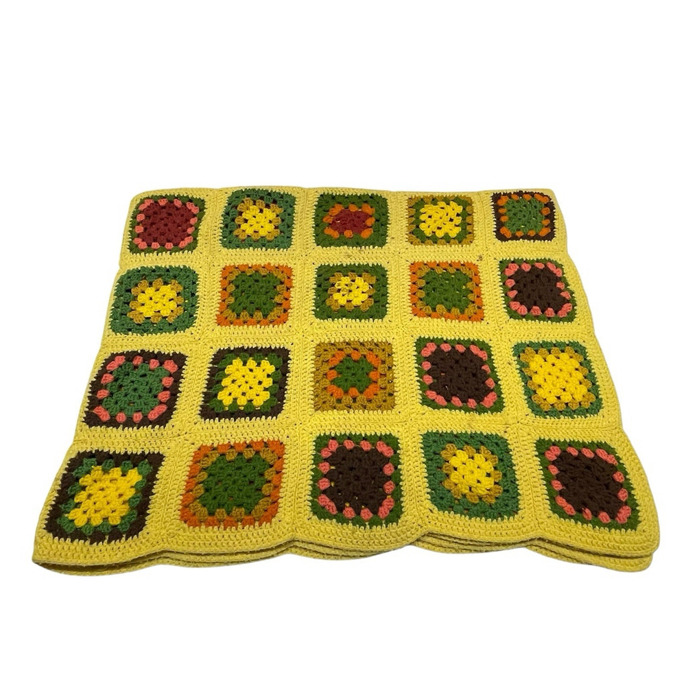 Y2K Granny Square Afghan Knit Crochet Throw‎ Blanket 24x14” Yellow Multicolor